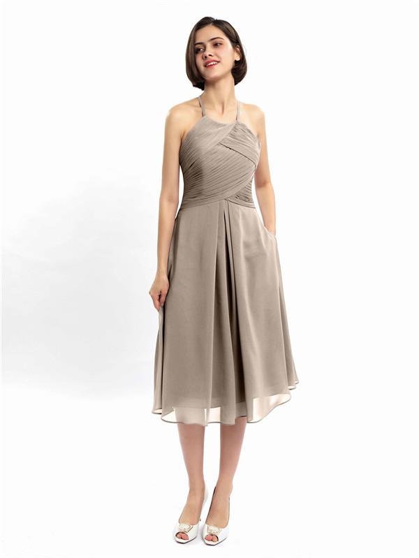 Halter Sleeveless Pleats Bridesmaid Dresses