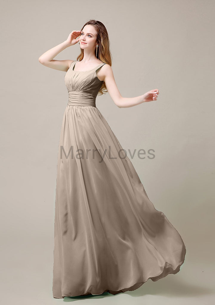 Square Neck Pleats Floor Length Bridesmaid Dresses