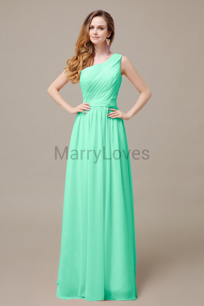 One Shoulder Pleats Floor Length Bridesmaid Dresses