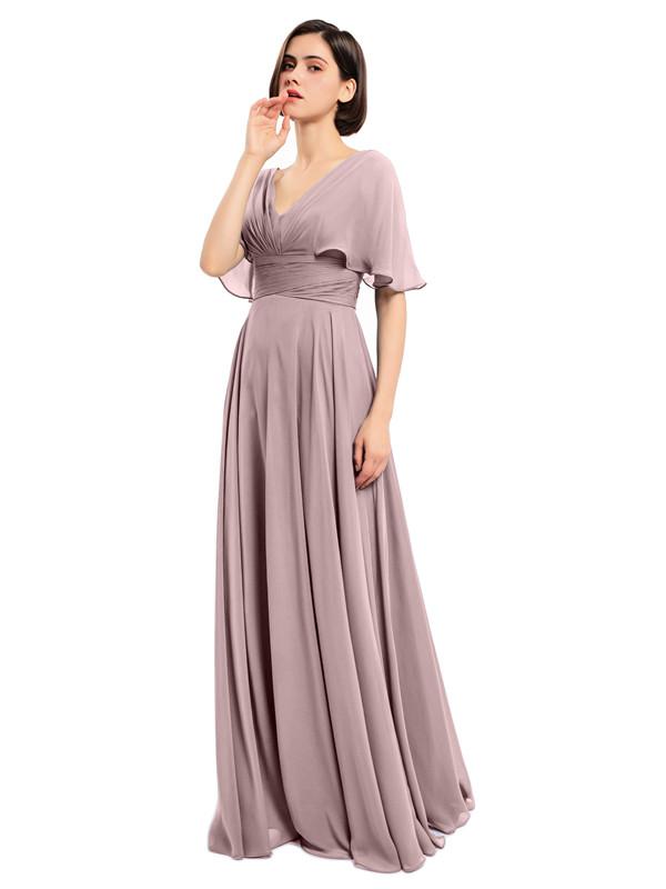 V-neck Short Sleeves Chiffon Bridesmaid Dresses