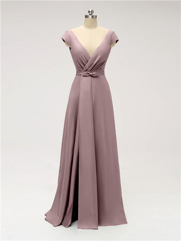 V Neck Cap Sleeve Side Slit Floor Length Bridesmaid Dresses