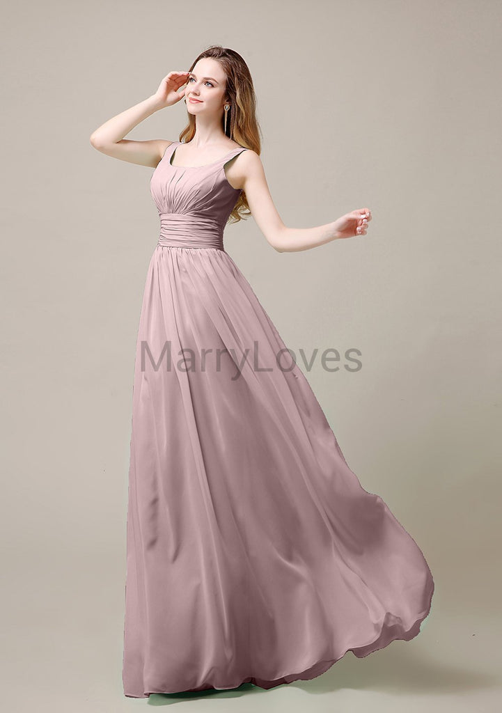 Square Neck Pleats Floor Length Bridesmaid Dresses