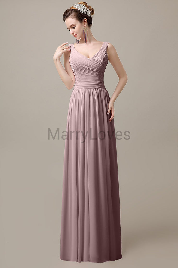 V-Neck Straps Pleats Bridesmaid Dresses