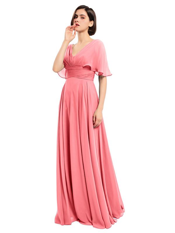 V-neck Short Sleeves Chiffon Bridesmaid Dresses