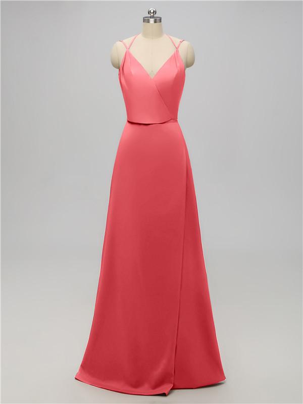 V Neck Satin Floor Length Bridesmaid Dresses