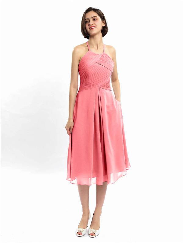 Halter Sleeveless Pleats Bridesmaid Dresses