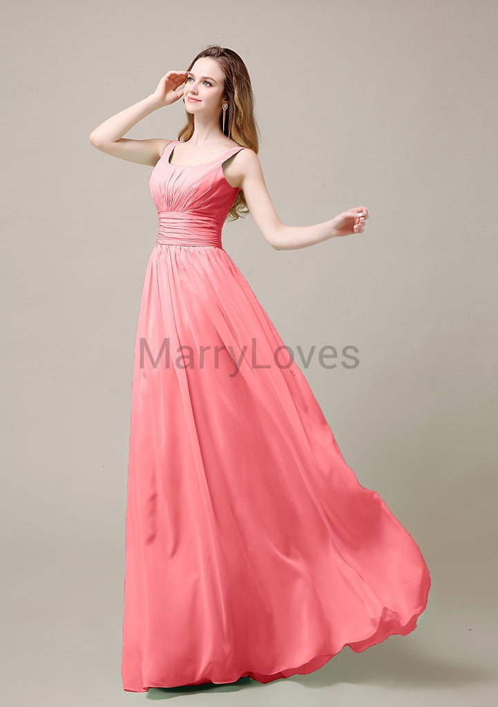 Square Neck Pleats Floor Length Bridesmaid Dresses