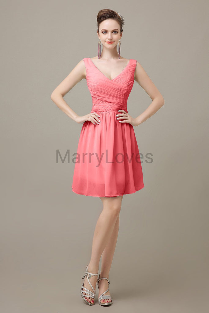 V-neck Chiffon Short Pleats Bridesmaid Dresses