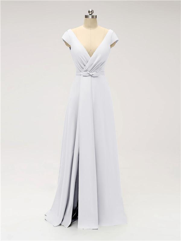 V Neck Cap Sleeve Side Slit Floor Length Bridesmaid Dresses