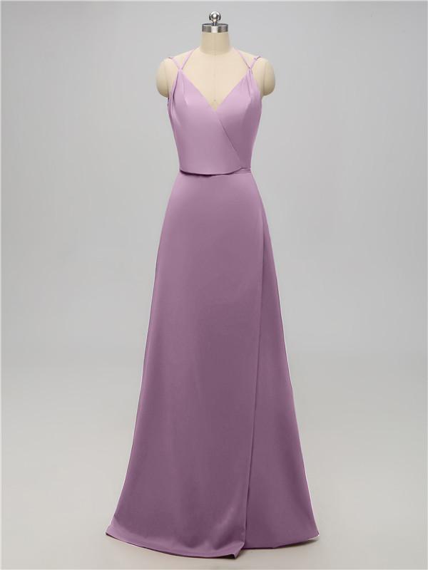 V Neck Satin Floor Length Bridesmaid Dresses