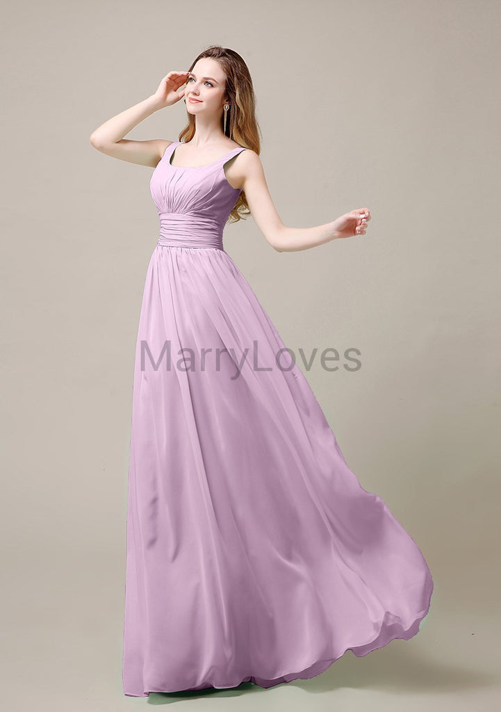 Square Neck Pleats Floor Length Bridesmaid Dresses