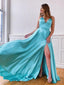 A-line V Neck Lace Up Back Side Slit Evening Party Dresses, Long Prom Dresses, OL093