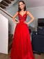 Red A-line V Neck Cheap Long Evening Prom Dresses, Sweet 16 Prom Dresses, OL086