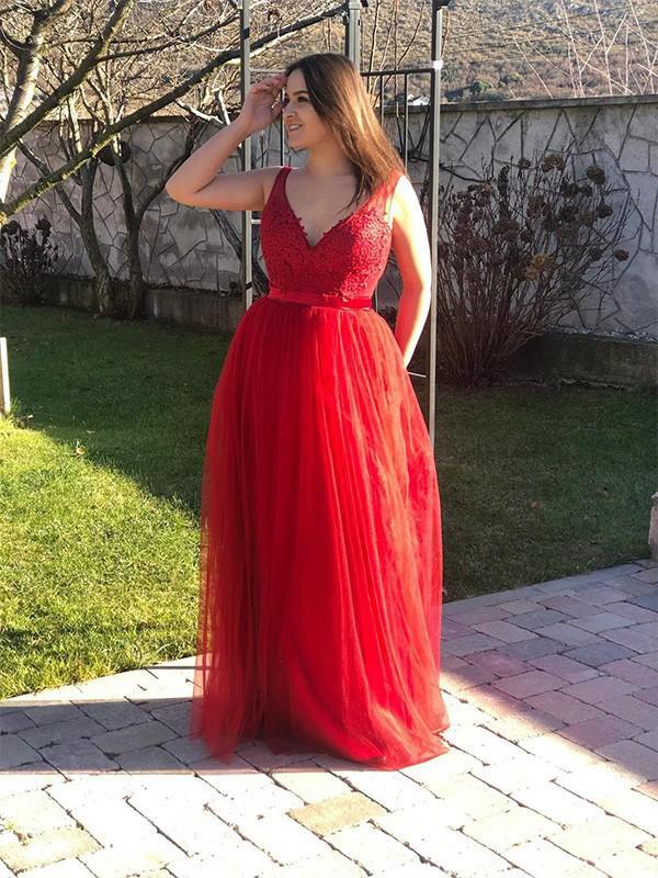 Red A-line Lace V Neck Long Evening Prom Dresses, Sweet 16 Prom Dresses, PY015