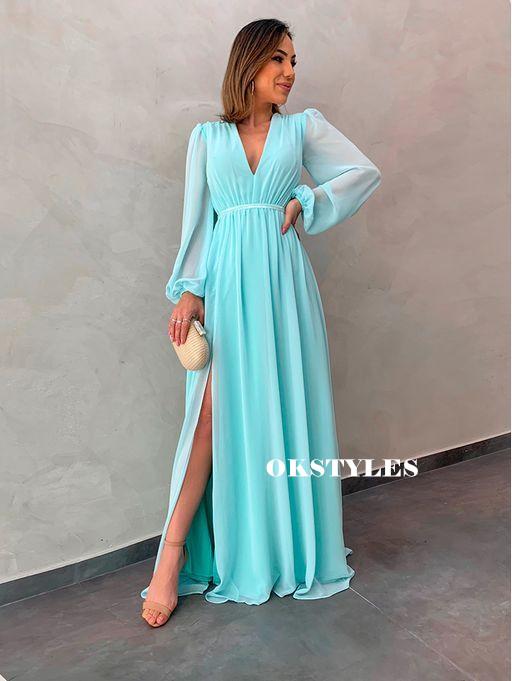 A-line V-neck Long Sleeves Long Chiffon Prom Dresses With Split, PD0624