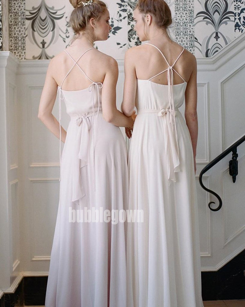 Affordable White Spaghetti Strap A-line Long Bridesmaid Dresses  BMD026