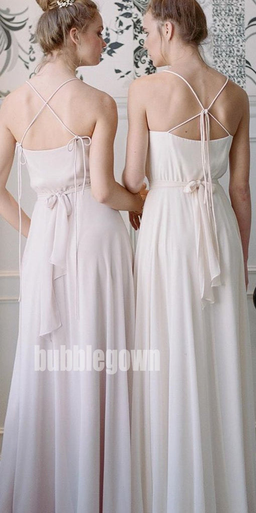 Affordable White Spaghetti Strap A-line Long Bridesmaid Dresses  BMD026