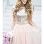 Affordable Short Sleeves Two Pieces Sequin Top Pink Tulle Long Bridesmaid Dresses, BD003 - Bubble Gown