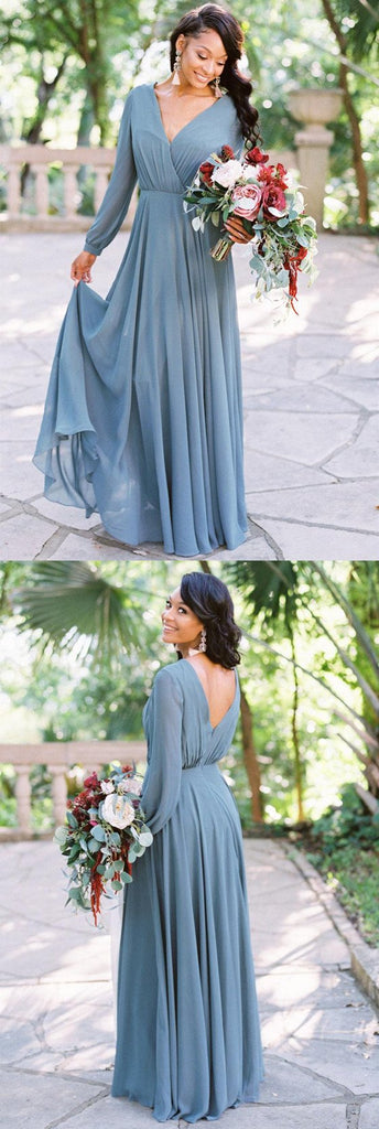 A-line Floor-length V-neck Long Sleeves Chiffon Bridesmaid Dresses, BD0564