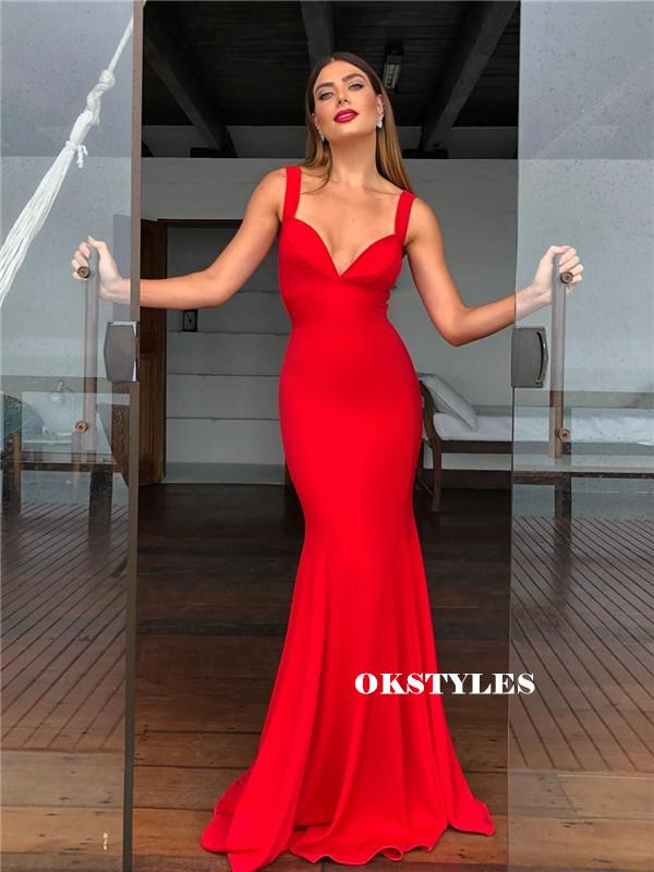 Mermaid Straps V-neck Backless Long Red Prom Dresses, PD0580