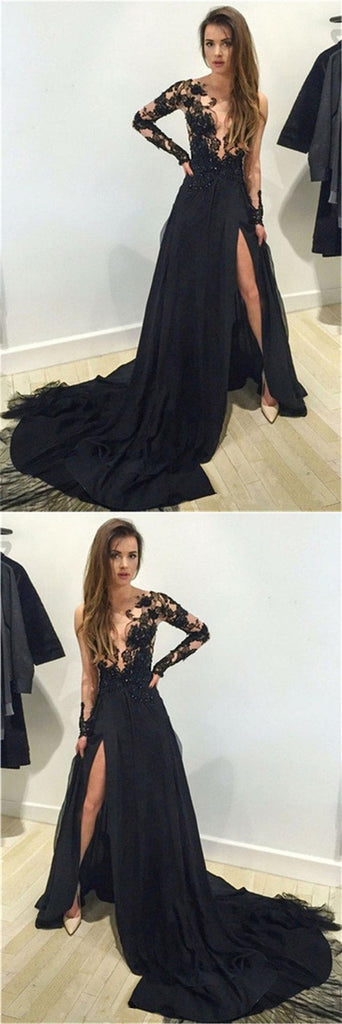 Hot Selling A-Line Long Sleeves High Slit Lace Top V-neck Long Prom Dresses, PD0119