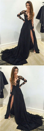 Hot Selling A-Line Long Sleeves High Slit Lace Top V-neck Long Prom Dresses, PD0119