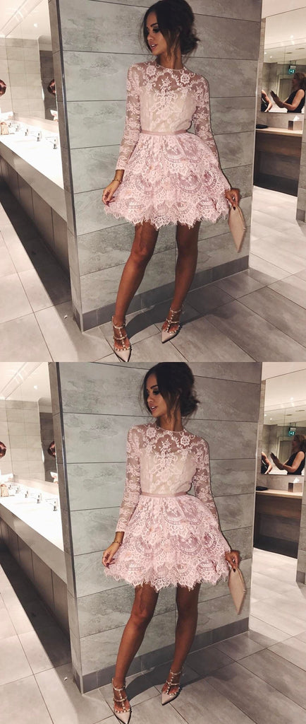 A-line Long Sleeves Lace See-though Short Homecoming Dresses, HD0500