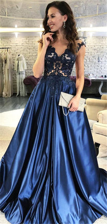 A-line Cap Sleeves See-though Appliques Long Navy Blue Prom Dresses, PD0567