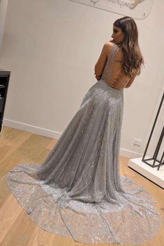 Newest A-line V-neck Sparkly Backless Sexy Long Prom Dresses, PD0565