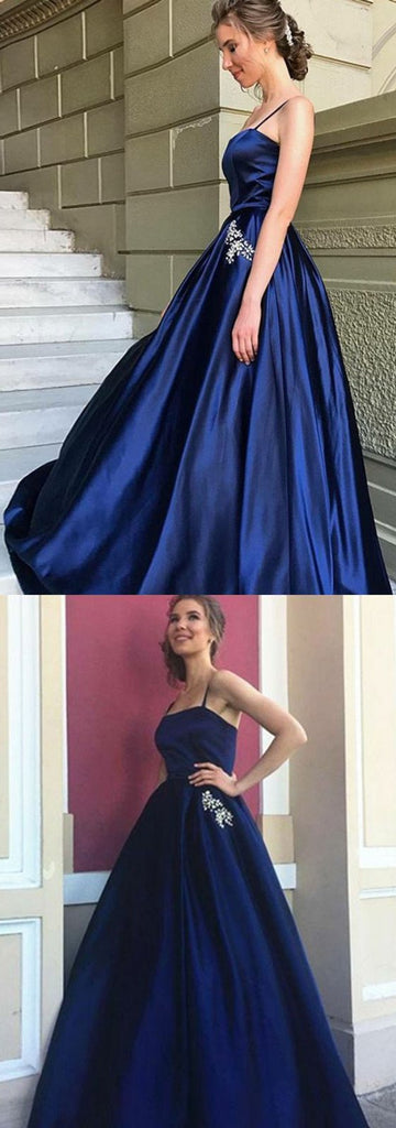 A-Line Spaghetti Straps Navy Blue Long Prom Dresses With Beading Pockets, PD0127