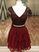 Two Pieces V-neck Beading Red lace Cap Sleeves Homecoming Dresses, HD0477