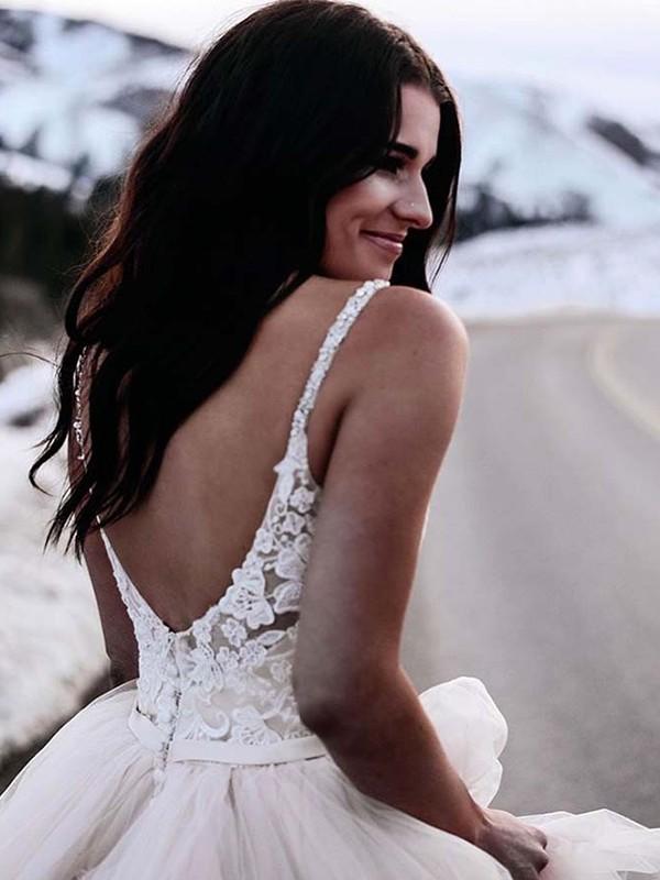 Charming Spaghetti Straps Lace Top Backless Tulle Wedding dresses With Train, WD0414