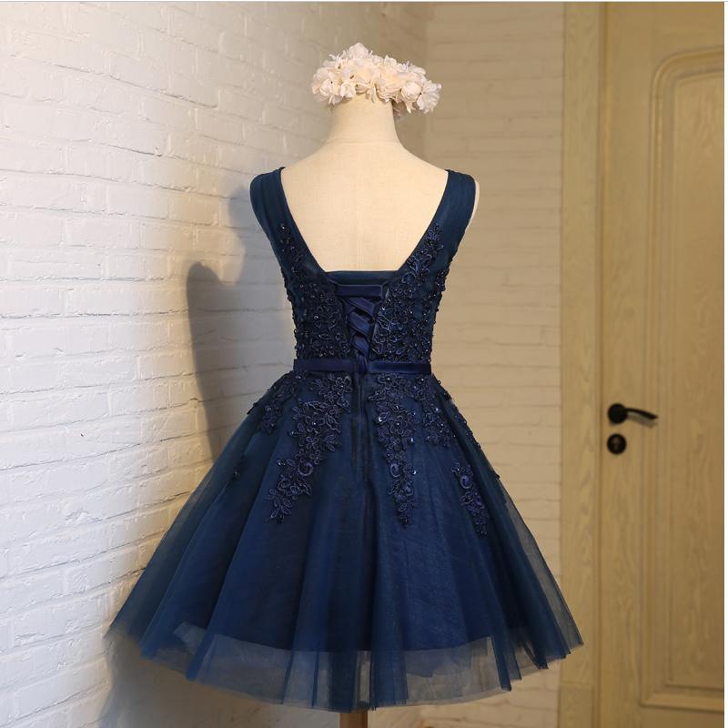 V Neck Navy Lace Beaded Short Homecoming Dresses Online, CM678