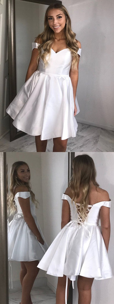 Newest Off-shoulder White Lace Up back Simple Cheap Homecoming Dresses, HD0442