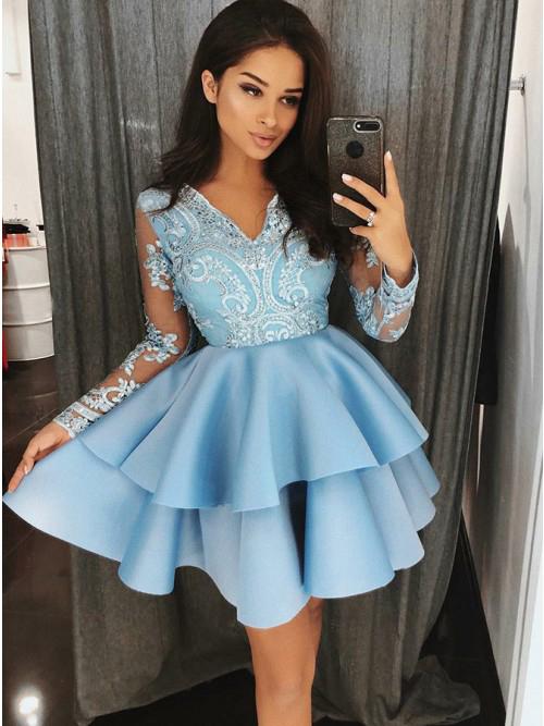 Blue Lace Satin Long Sleeves Cute Short Homecoming Dresses, BH120 - Bubble Gown