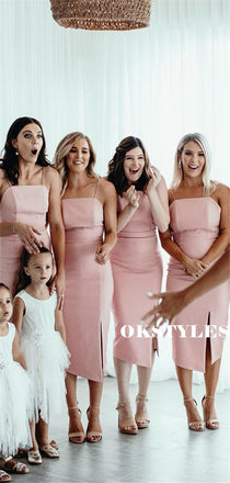 Sheath Spaghetti Straps Short Pink Bridesmaid Dresses With Split, BD0622