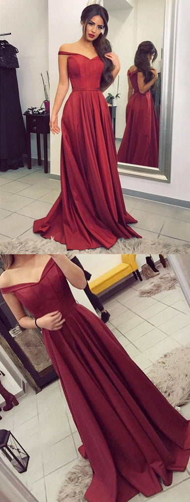 Elegant Burgundy A-Line Off-Shoulder Long Prom Dress With Pleats, PD0132