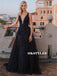 A-line Deep V-neck Sleeveless Long Tulle Sparkly Prom Dresses, PD0579