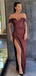 Off-shoulder Sheath Long Burgundy Prom Dresses With Split, PD0573