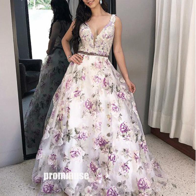 Elegant V-neck Purple Flower Long Prom Dresses LPD005