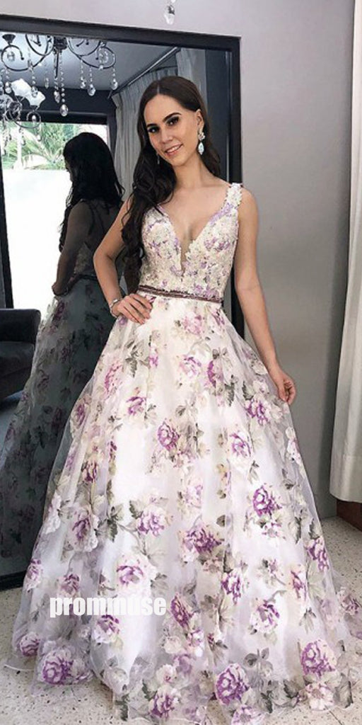 Elegant V-neck Purple Flower Long Prom Dresses LPD005