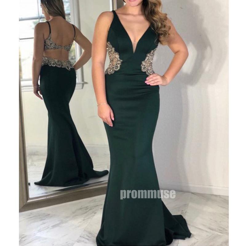 Elegant V-neck Dark Green Mermaid Long Prom Dresses LPD006
