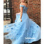 Blue Off Shoulder Lace Two Piece Long Prom Dress with 3D flowers FP1193