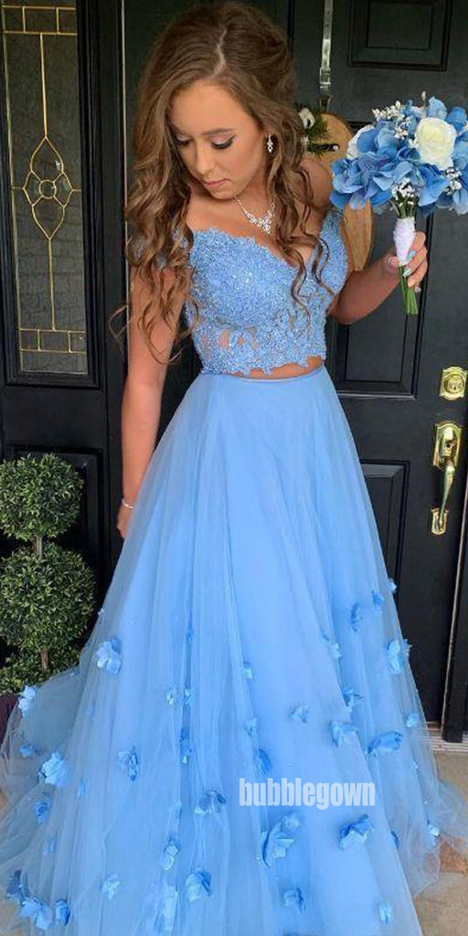 Blue Off Shoulder Lace Two Piece Long Prom Dress with 3D flowers FP1193