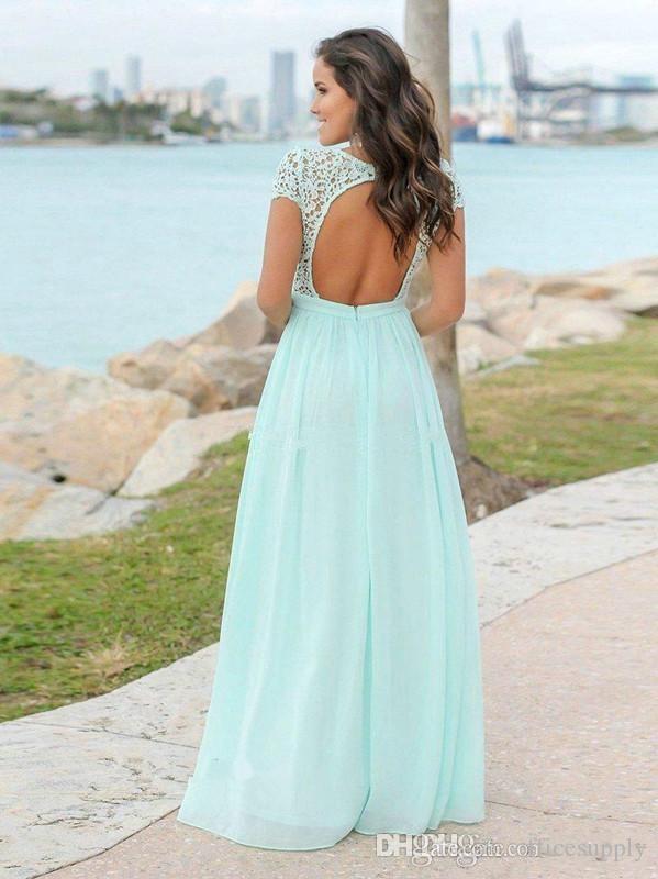 Mint Green V-neck Backless Cap Sleeves Chiffon Bridesmaid Dresses, BD0562