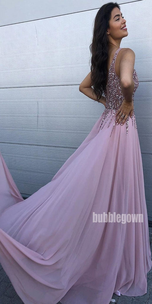 Beaded V-neck Chiffon A-line Long Prom Dresses FP1111