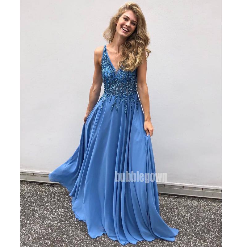 Beaded V-neck Chiffon A-line Long Prom Dresses FP1112