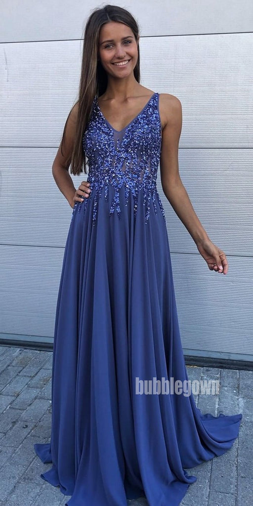 Beaded V-neck Chiffon A-line Long Prom Dresses FP1111