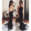 Black Mermaid Open Back Sexy Lace Cheap Long Prom Dresses, BG51202