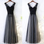 Black V Neck Formal Tulle Applique Lace Up Back Long Prom Dresses, BGP020 - Bubble Gown